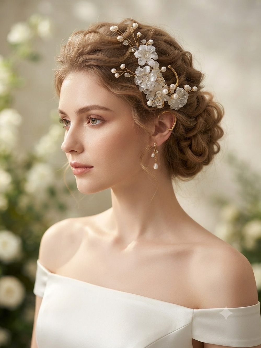 Gold & White Floral Pearl Brooch